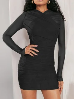 Women's Christmas Dress Casual Dress Winter Dress Mini Dress Ruched Christmas Street Daily Active Fashion V Neck Long Sleeve 2023 Slim Black Burgundy Color S M L XL Size -Fashion Life Shop cszjvd1697803820902