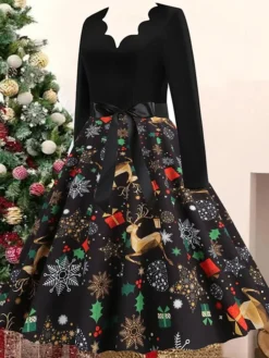 Women's Christmas Casual Dress Swing Dress Vintage Dress Midi Dress Black Wine Orange Long Sleeve Animal Bow Winter Fall Autumn V Neck 2022 S M L XL XXL 3XL -Fashion Life Shop ctclwj1668072726812