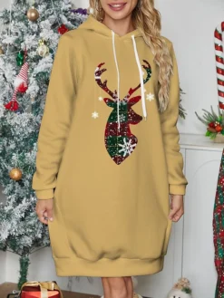 Women's Christmas Dress Hoodie Dress Mini Dress Warm Fashion Outdoor Christmas Holiday Hoodie Print Reindeer Snowflake Loose Fit Black White Wine S M L XL XXL -Fashion Life Shop ctferd1697633973074