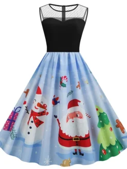 Women's Christmas Casual Dress Swing Dress Midi Dress Blue Royal Blue Dark Blue Light Blue Sleeveless Santa Claus Snowman Mesh Print Winter Fall Crew Neck Vacation Vintage 2022 S M L XL XXL