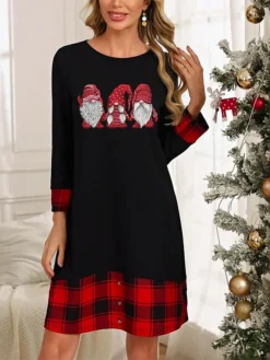 Women's Casual Dress Plaid Dress Winter Dress Letter Santa Claus Patchwork Button Crew Neck Midi Dress Active Fashion Outdoor Christmas Long Sleeve Loose Fit Black Dark Red Wine Fall Winter S M L XL -Fashion Life Shop cujsdp1697192212208