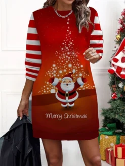 Women‘s Christmas Casual Dress Sweatshirt Dress Mini Dress Warm Fashion Outdoor Holiday Crew Neck Print Santa Claus Snowman Loose Fit Black Red Burgundy S M L XL XXL -Fashion Life Shop cuqfvg1694661938731