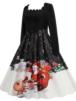 Women's Christmas Vintage Dress Midi Dress Black And White Green Black Long Sleeve Santa Claus Bow Winter Fall Autumn Square Neck Stylish Christmas Vacation 2022 S M L XL XXL 3XL 34 Women's Christmas Vintage Dress Midi Dress Black And White Green Black Long Sleeve Santa Claus Bow Winter Fall Autumn Square Neck Stylish Christmas Vacation 2022 S M L XL XXL 3XL -Fashion Life Shop cuwwui1667637303321