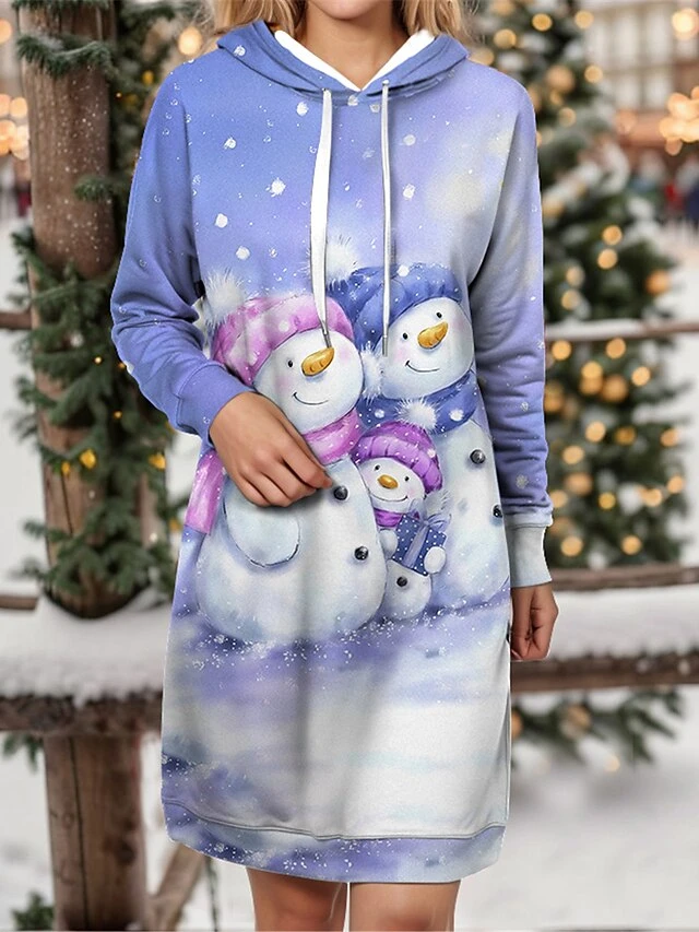 Women's Christmas Dress Hoodie Dress Mini Dress Warm Fashion Outdoor Christmas Holiday Hoodie Print Snowman Loose Fit Blue S M L XL XXL 1 Women's Christmas Dress Hoodie Dress Mini Dress Warm Fashion Outdoor Christmas Holiday Hoodie Print Snowman Loose Fit Blue S M L XL XXL