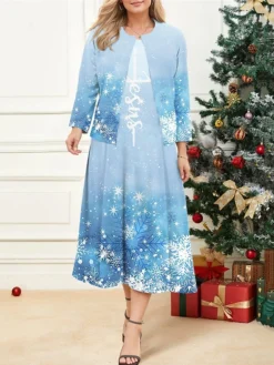Women's Plus Size Curve Christmas Dress Casual Dress Dress Set Snowflake Midi Dress Long Sleeve Print Crew Neck Fashion Outdoor Blue Fall Winter L XL XXL 3XL 4XL
