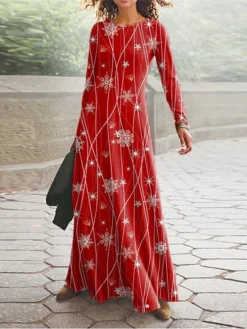 Women's Christmas Casual Dress Swing Dress Blue Purple Red Long Sleeve Elk Snowflake Pocket Print Winter Fall V Neck Vacation Casual Fall Dress 2022 S M L XL XXL 3XL / Winter Dress