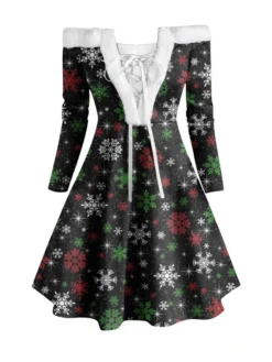 Women's Christmas Swing Dress Vintage Dress Mini Dress Green Blue Light Green Beige Gray Black Long Sleeve Santa Claus Snowman Snowflake Backless Feather Print Winter Fall Off Shoulder Stylish Elegant
