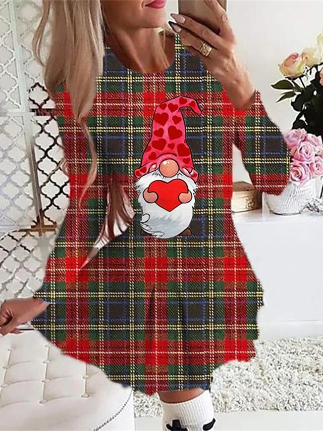 Women's Christmas Swing DressShort Mini Dress Green Red Beige White Black Long Sleeve Plaid Santa Claus Elk Pleated Print Fall Winter Crew Neck Stylish Romantic 2022 S M L XL 2XL 2 Women's Christmas Swing DressShort Mini Dress Green Red Beige White Black Long Sleeve Plaid Santa Claus Elk Pleated Print Fall Winter Crew Neck Stylish Romantic 2022 S M L XL 2XL - Image 2