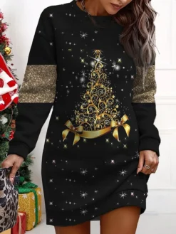 Women's Christmas Casual Dress Sweatshirt Dress Mini Dress Warm Fashion Outdoor Vacation Crew Neck Print Tree Loose Fit Pink Blue Purple S M L XL XXL