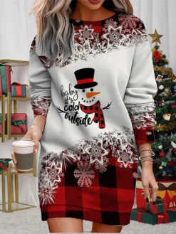 Women's Christmas Casual Dress Sweatshirt Dress Mini Dress Warm Fashion Outdoor Vacation Crew Neck Print Santa Claus Snowman Loose Fit Black White Wine S M L XL XXL
