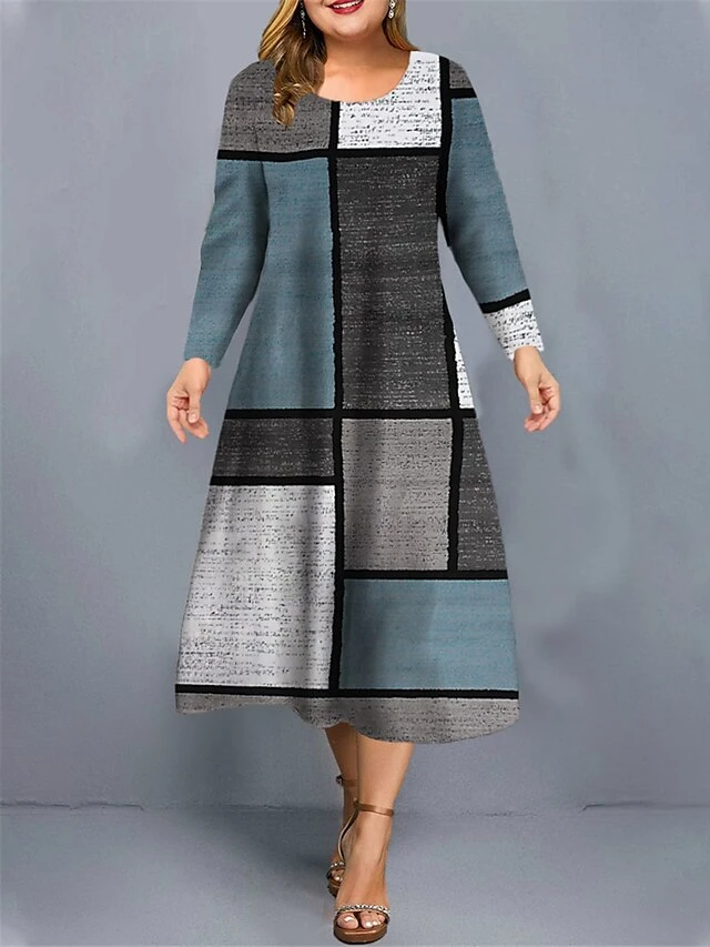 Women's Plus Size Curve Christmas Dress Casual Dress Skater Dress Plaid Midi Dress Long Sleeve Print Crew Neck Fashion Outdoor White Wine Fall Winter L XL XXL 3XL 4XL 2 Women's Plus Size Curve Christmas Dress Casual Dress Skater Dress Plaid Midi Dress Long Sleeve Print Crew Neck Fashion Outdoor White Wine Fall Winter L XL XXL 3XL 4XL - Image 2