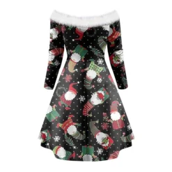 Women's Christmas Swing Dress Vintage Dress Mini Dress Green Light Green Wine Red Navy Blue White Long Sleeve Snowman Tree Snowflake Backless Feather Print Winter Fall Off Shoulder Vacation Stylish -Fashion Life Shop cwssvu1666597247793