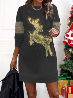 Women‘s Christmas Casual Dress Sweatshirt Dress Mini Dress Warm Fashion Outdoor Holiday Crew Neck Print Geometric Snowman Loose Fit Black Yellow Wine S M L XL XXL -Fashion Life Shop cxioym1695175991330