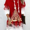 Women's Christmas Hoodie Dress Shift Dress Mini Dress Wine Long Sleeve Tree Print Winter Fall Hooded Vacation Casual 2022 S M L XL XXL 3XL