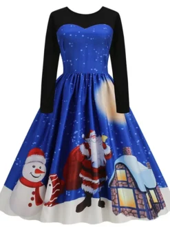 Women's Christmas Swing Dress Vintage DressKnee Length Dress Blue Royal Blue Light Blue Black Long Sleeve Santa Claus Elk Snowman Print Fall Winter Crew Neck Vacation Vintage 2022 S M L XL XXL 3XL -Fashion Life Shop cyaekm1665293396227