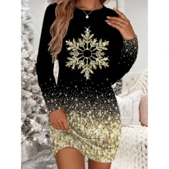 Women's Christmas T Shirt Dress Tee Dress Bodycon Mini Dress Wine White Long Sleeve Snowman Snowflake Print Winter Fall Crew Neck Vacation Casual Fall Dress Loose Fit 2022 S M L XL XXL 3XL 4XL 5XL 6XL -Fashion Life Shop cyfyja1668221203358