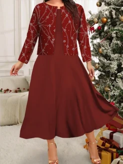Women's Plus Size Curve Casual Dress Winter Dress Dress Set Floral Mini Dress Long Sleeve Crew Neck Fashion Christmas Wine Fall Winter L XL XXL 3XL 4XL