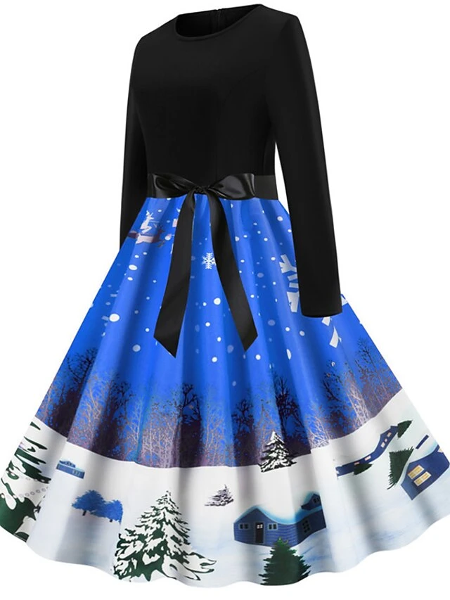 Women's Christmas Knee Length Dress Blue Purple Wine Gray Green Black Red Light Blue Long Sleeve Print Bow Print Fall Winter Round Neck Casual Vintage2021 S M L XL XXL 19 Women's Christmas Knee Length Dress Blue Purple Wine Gray Green Black Red Light Blue Long Sleeve Print Bow Print Fall Winter Round Neck Casual Vintage2021 S M L XL XXL - Image 19