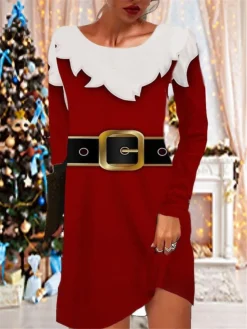 Women's Christmas Casual Dress T Shirt Dress Tee Dress Shift Dress Mini Dress Blue Wine White Long Sleeve Butterfly Pocket Winter Fall Autumn Crew Neck Vacation 2022 S M L XL XXL 3XL / Print