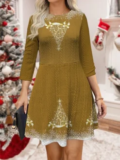 Women‘s Christmas Sweater Dress Jumper Dress Winter Dress Warm Christmas Tree Deer Outdoor Christmas Daily Holiday Crew Neck Long Sleeve 2023 Regular Fit Royal Blue Blue Gold S M L XL -Fashion Life Shop czefcz1695620990923