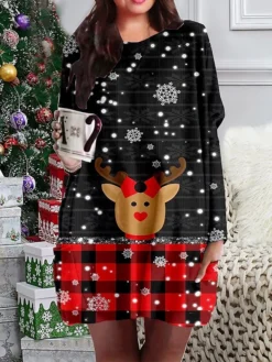 Women‘s Plus Size Christmas Dress Casual Dress Plaid Long Sleeve Winter Fall Casual Mini Dress Holiday Dress