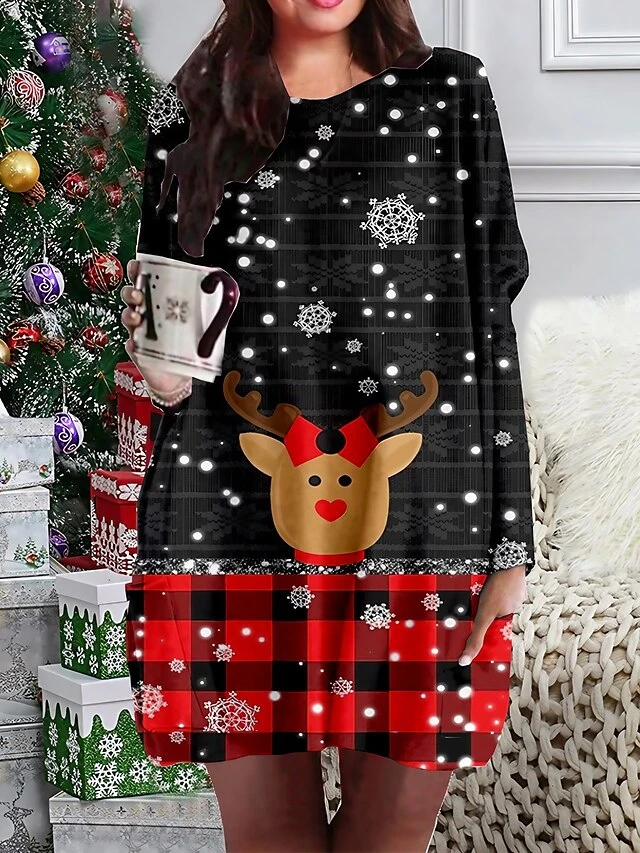 Women‘s Plus Size Christmas Dress Casual Dress Plaid Long Sleeve Winter Fall Casual Mini Dress Holiday Dress 1 Women‘s Plus Size Christmas Dress Casual Dress Plaid Long Sleeve Winter Fall Casual Mini Dress Holiday Dress