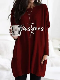 Women's Christmas Casual Dress T Shirt Dress Tee Dress Shift Dress Mini Dress Green Wine Dark Gray Long Sleeve Letter Pocket Winter Fall Autumn Crew Neck Fashion Daily Date Loose Fit 2022 XXS XS S M