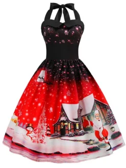 Women's Christmas Swing Dress Vintage Dress Midi Dress Blue Purple Fuchsia Red Sleeveless Santa Claus Backless Print Winter Fall Halter Neck Vacation Stylish Elegant 2022 S M L XL XXL