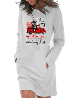 Women‘s Christmas Hoodie Dress Winter DressShort Mini Dress Light Blue Grey White Long Sleeve Letter Print Pocket Print Fall Winter Crew Neck Stylish Casual 2022 S M L XL 2XL / Cotton -Fashion Life Shop czmzqr1665663115106