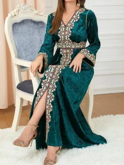 Women's Casual Dress Velvet Dress Swing Dress Long Dress Maxi Dress Lace Embroidered Outdoor Christmas Daily Fashion Elegant V Neck Long Sleeve 2023 Loose Fit Dark Green Color M L XL XXL Size