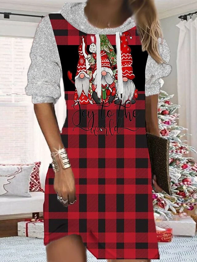 Women's Christmas Hoodie Dress Shift Dress Mini Dress Black Wine Light Red Long Sleeve Plaid Print Fall Spring Hooded Fashion Christmas Daily Loose Fit 2022 S M L XL XXL 3XL 5 Women's Christmas Hoodie Dress Shift Dress Mini Dress Black Wine Light Red Long Sleeve Plaid Print Fall Spring Hooded Fashion Christmas Daily Loose Fit 2022 S M L XL XXL 3XL - Image 5