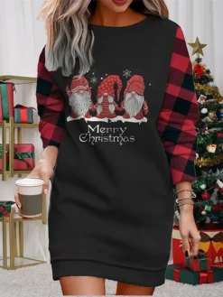 Women's Christmas Casual Dress Sweatshirt Dress Mini Dress Warm Fashion Outdoor Vacation Crew Neck Print Geometric Santa Claus Loose Fit Black Red Burgundy S M L XL XXL -Fashion Life Shop danziz1695365426451