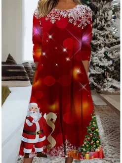 Women's Christmas Casual Dress Swing Dress Midi Dress Green Wine Red Long Sleeve Santa Claus Pocket Winter Fall Autumn Fashion Daily Weekend 2022 S M L XL XXL 3XL