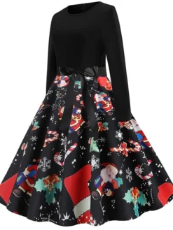 Women's Christmas Knee Length Dress Green White Black Rainbow Red Long Sleeve Print Snowflake Santa Claus Print Fall Winter Crew Neck Casual Vintage Party 2022 S M L XL XXL -Fashion Life Shop daubse1565580512984
