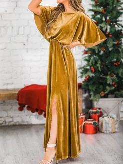 Women's Christmas Dress Casual Dress Velvet Dress Long Dress Maxi Dress Ruched Split Outdoor Christmas Daily Fashion Elegant Crew Neck Half Sleeve 2023 Loose Fit Black Wine Gold Color S M L XL Size -Fashion Life Shop dbqchg1694089526948