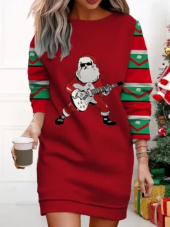Women's Christmas Casual Dress Sweatshirt Dress Mini Dress Warm Fashion Outdoor Vacation Crew Neck Print Santa Claus Loose Fit ArmyGreen Light Green Wine S M L XL XXL -Fashion Life Shop dbxknp1695377423092