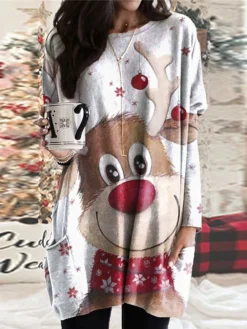 Women's Christmas Casual Dress T Shirt Dress Tee Dress Shift Dress Mini Dress Khaki Beige White Long Sleeve Animal Pocket Winter Fall Autumn Crew Neck Vacation Loose Fit 2022 S M L XL XXL 3XL / Print