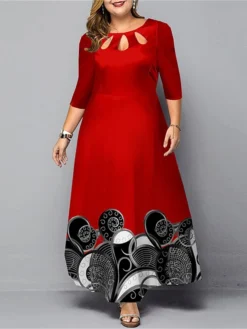 Women‘s Christmas Plus Size Curve Work Dress Semi Formal Dress A Line Dress Fashion Long Dress Maxi Dress Cut Out Print Crew Neck 3/4 Length Sleeve Polka Dot Print Loose Fit Black Red Spring Fall -Fashion Life Shop dcuuxc1691048934078