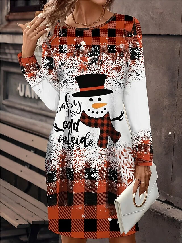 Women's Christmas Dress Plaid Dress Mini Dress Active Fashion Outdoor Christmas Holiday Crew Neck Print Geometric Snowman Snowflake Loose Fit Wine Red Blue S M L XL XXL 2 Women's Christmas Dress Plaid Dress Mini Dress Active Fashion Outdoor Christmas Holiday Crew Neck Print Geometric Snowman Snowflake Loose Fit Wine Red Blue S M L XL XXL - Image 2