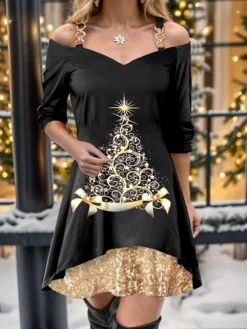 Women's Casual Dress Christmas Dress Velvet Dress Christmas Tree Patchwork Layered Strap Mini Dress Fashion Modern Outdoor Christmas Long Sleeve Regular Fit Black Fall Winter S M L XL XXL