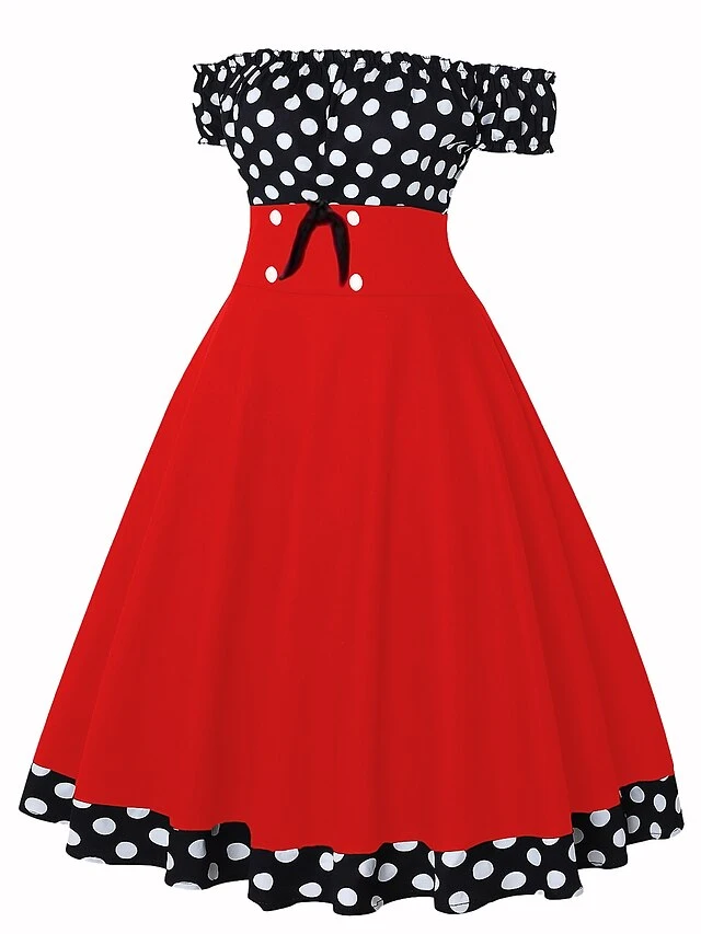 Women‘s Christmas Swing Dress Vintage Dress Midi Dress Black Red Short Sleeve Polka Dot Ruched Fall Spring Summer Off Shoulder Vintage Style Vacation Weekend 2022 S M L XL XXL 6 Women‘s Christmas Swing Dress Vintage Dress Midi Dress Black Red Short Sleeve Polka Dot Ruched Fall Spring Summer Off Shoulder Vintage Style Vacation Weekend 2022 S M L XL XXL - Image 6