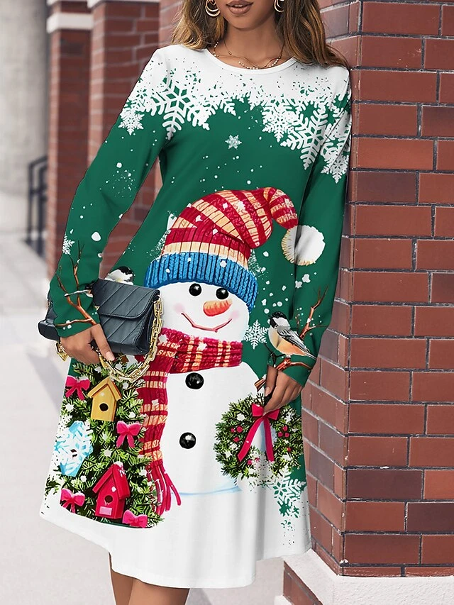 Women's Casual Dress Christmas Dress Winter Dress Snowman Snowflake Pocket Print Crew Neck Midi Dress Fashion Streetwear Outdoor Christmas Long Sleeve Regular Fit Wine Blue Green Fall Winter S M L XL 2 Women's Casual Dress Christmas Dress Winter Dress Snowman Snowflake Pocket Print Crew Neck Midi Dress Fashion Streetwear Outdoor Christmas Long Sleeve Regular Fit Wine Blue Green Fall Winter S M L XL - Image 2