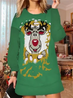 Women‘s Christmas Ugly Sweatshirt Dress Shift Dress Mini Dress Green Black Light Green Long Sleeve Santa Claus Print Winter Fall Autumn Fashion Daily 2022 S M L XL XXL 3XL -Fashion Life Shop ddwchw1667979720393