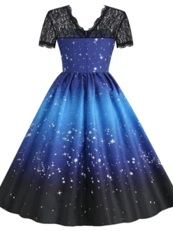 Women's Christmas Knee Length Dress Blue Purple Wine Green Black Red Short Sleeve Print Lace Print Fall Winter Round Neck CasualRegular Fit 2021 S M L XL XXL 3XL -Fashion Life Shop dfcoox1632737571740