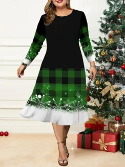 Women's Christmas Plus Size Curve Casual Dress Skater Dress A Line Dress Plaid Snowman Midi Dress Long Sleeve Print Crew Neck Fashion Outdoor Black White Fall Winter L XL XXL 3XL 4XL -Fashion Life Shop dflsnc1695191649813