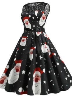 Women's Christmas Party Dress Lace Dress Midi Dress Black Sleeveless Santa Claus Print Hat Lace Ruched Bow Winter Fall Crew Neck Vintage Party 2022 S M L XL 2XL -Fashion Life Shop dgohig1666258265945