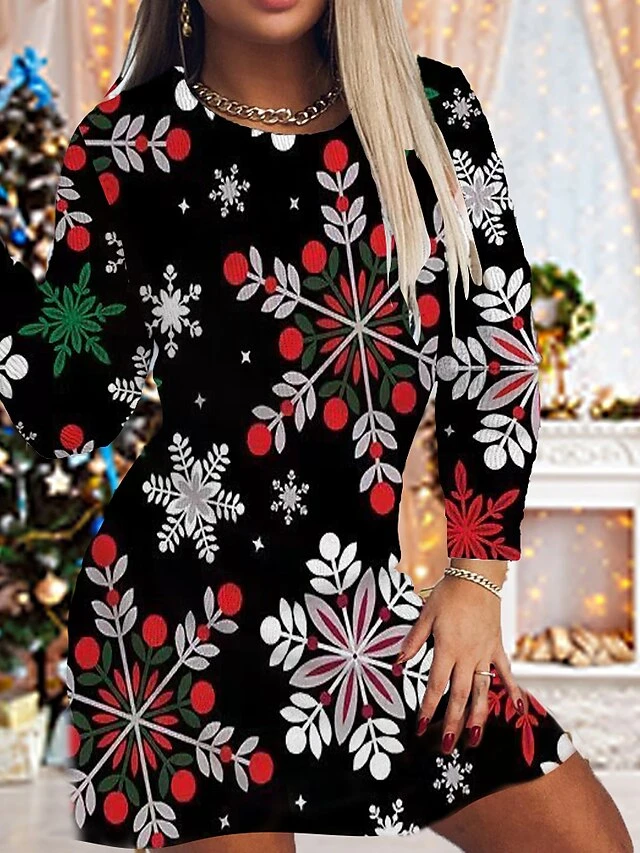 Women's Christmas Bodycon Print Dress Mini Dress Green Red Black Long Sleeve Elk Tree Snowflake Print Winter Autumn Crew Neck Fashion Casual 2022 S M L XL 2XL 3XL 4XL 5XL 6XL 2 Women's Christmas Bodycon Print Dress Mini Dress Green Red Black Long Sleeve Elk Tree Snowflake Print Winter Autumn Crew Neck Fashion Casual 2022 S M L XL 2XL 3XL 4XL 5XL 6XL - Image 2