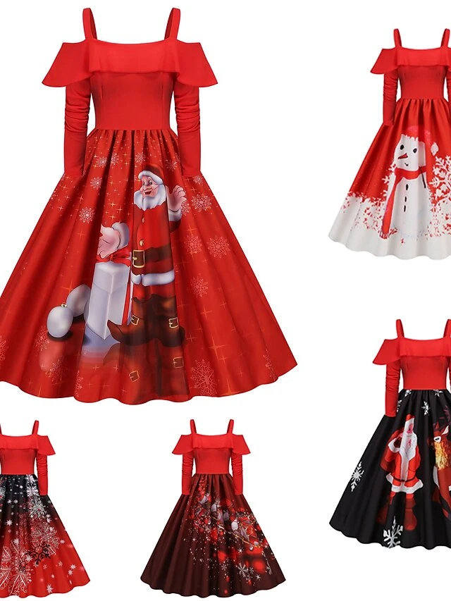 Women's Christmas Vintage DressKnee Length Dress Wine Light Red Red White Black Long Sleeve Santa Claus Elk Snowman Cold Shoulder Print Fall Winter Spaghetti Strap Vacation Vintage 2022 1 Women's Christmas Vintage DressKnee Length Dress Wine Light Red Red White Black Long Sleeve Santa Claus Elk Snowman Cold Shoulder Print Fall Winter Spaghetti Strap Vacation Vintage 2022