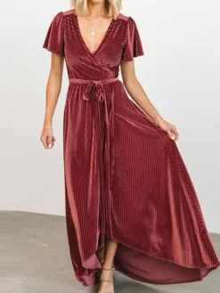 Women's Christmas Dress Casual Dress Velvet Dress Long Dress Maxi Dress Lace Up Outdoor Christmas Daily Fashion Elegant V Neck Short Sleeve 2023 Slim Black Wine Dark Blue Color S M L XL XXL Size