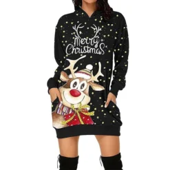 Women‘s Christmas Hoodie Dress Winter DressShort Mini Dress Red Black Long Sleeve Elk Tree Pocket Fall Winter Hooded Stylish Modern Loose Fit 2022 S M L XL XXL 3XL -Fashion Life Shop djsftu1663726328566